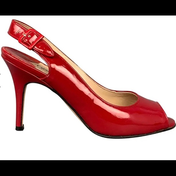 Manolo Blahnik Shoes - MANOLO BLAHNIK Red Patent Real Leather  Slingback Slides 4” Heels Sz EU 38.5